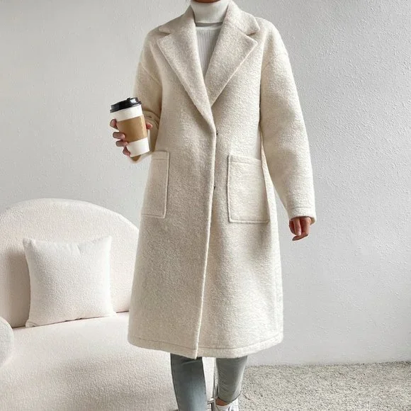 Apricot Elegant Womens Lapel Neck Drop Shoulder Dual Pocket Overcoat - Picture 5 of 5